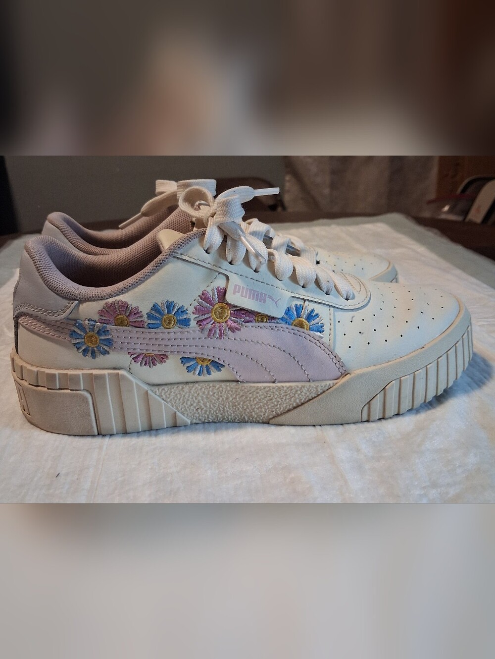 Puma Women's White Leather Sneakers with Pastel Floral Embroidery